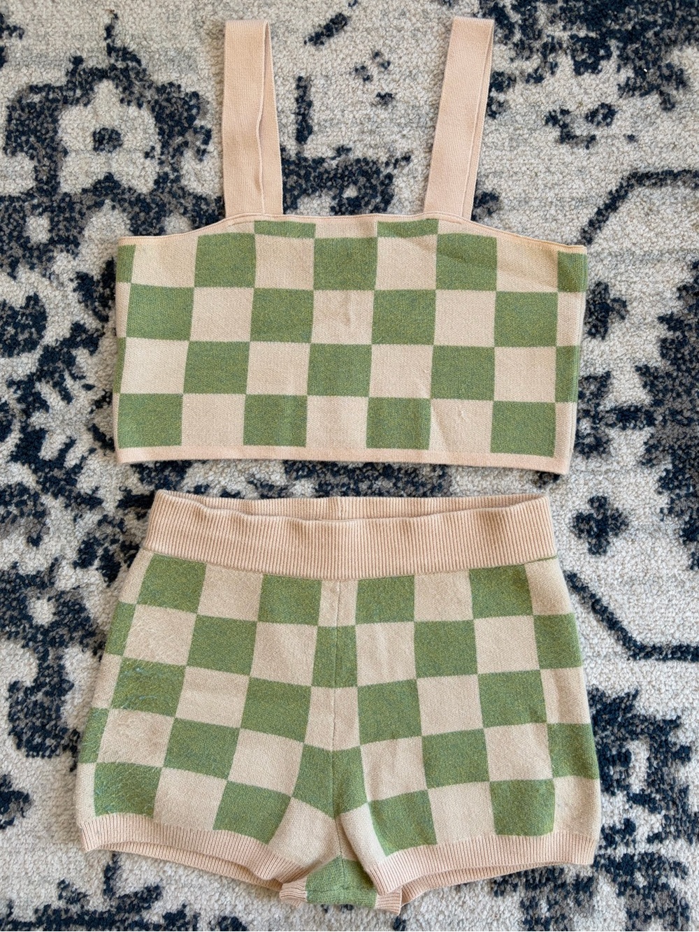 Altar'd State Green Checkered Crop Top + Mini Short Set MEDIUM